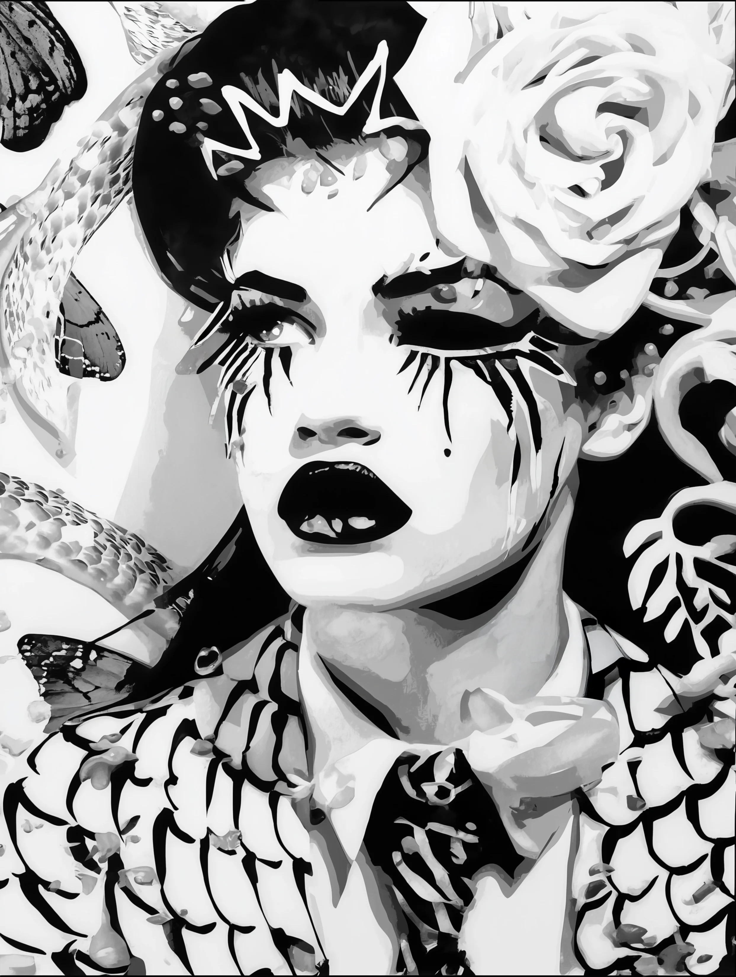 Free printable mermaid coloring page for adults featuring 80s mermaid style jacket in black and white